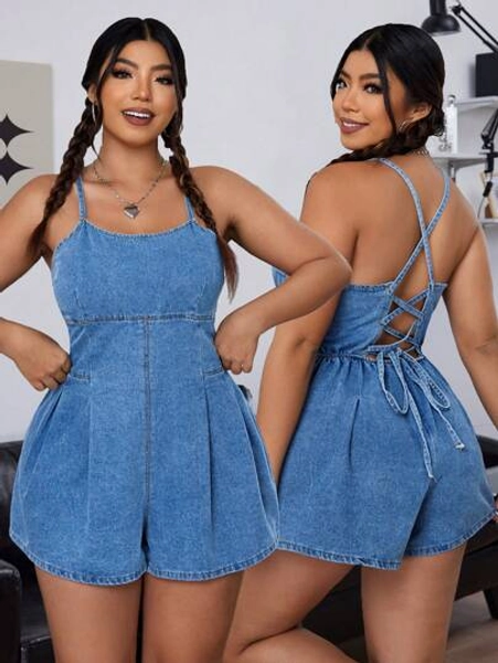 SHEIN EZwear Plus Size Women's Backless Crisscross Strap Denim Romper