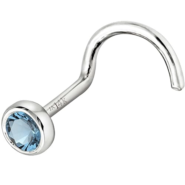 Solid 14K Gold Nose Screw Stud Bezel Set Aquamarine 22G Cork-screw Nose Stud - 14K White Gold / 14K Yellow Gold March Birthstone Nose Ring Stud