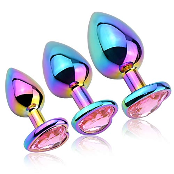 3PCS Anal Trainer Set Heart Shape Jewelry Butt Plug Colorful Metal Anal Plugs Prostate Massager Fetish Sex Toys for Men and Women (Pink)