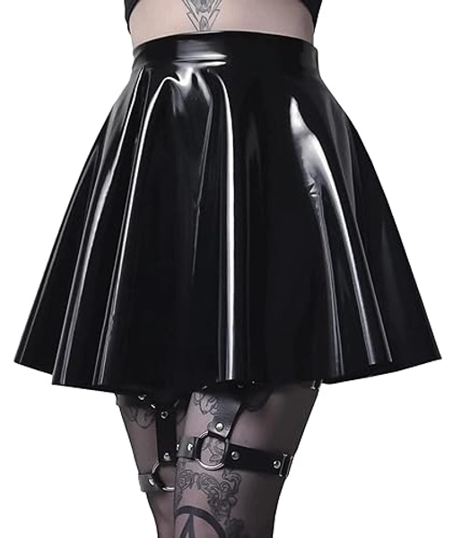 SEMATOMALA Women's PVC PU Leather Short Skater Skirt Black Latex Wet Look Shiny Pleated Flared A Line Mini Skirt Clubwear