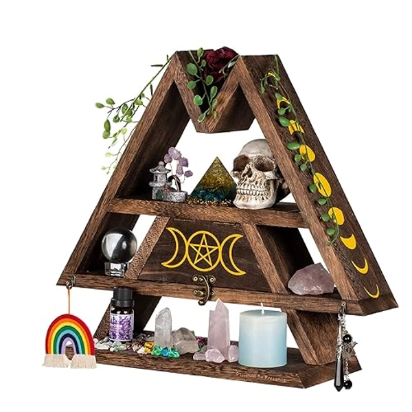 Pracaniz Crystal Shelf with Flap Drawer&Hooks for Wall&Desktop, Moon Shelf for Crystal Holder as Witchy Room Decor,Moon Phase Triangle Shelf,Boho Room Decor&Vintage Room Decor.