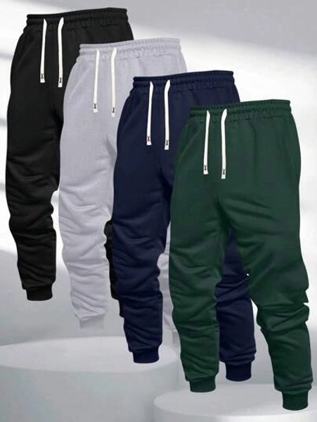 4pcs Men's Solid Color Basic Casual Sport Pants With Pockets & Drawstring Waist, Suitable For Spring, Autumn, Summer Wear, Street Fashion, Jogging, Travel, Vacation, Outdoor, Camping, An Ideal Gift For Husband Or Boyfriend