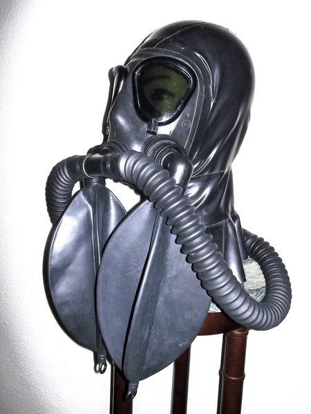 Fetish Heavy Rubber LATEX Gas Mask HOOD with Dark Tinted Lenses, Double Hoses and Two Detachable Rebreather Bags by FANTOMAS & Co.