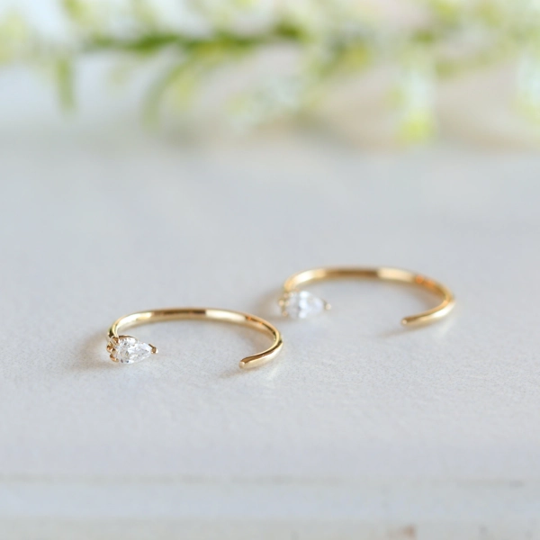 Tiny Solid Gold Pear Open Hoop Earrings, Moissanite Dewdrop Mini Hoops, Minimalist Jewelry