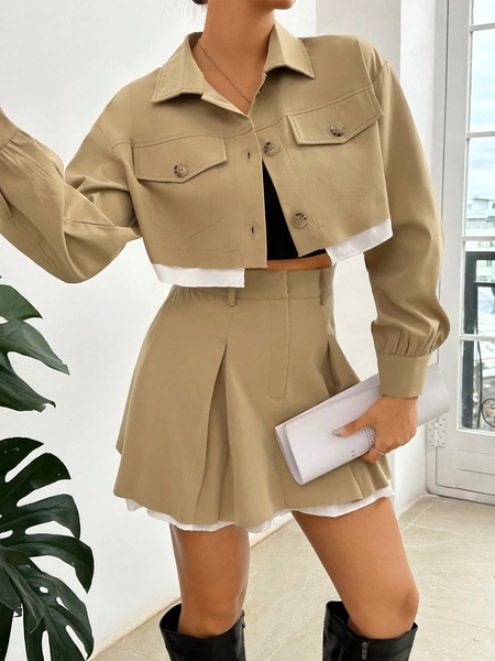 SHEIN Essnce Ladies' Shirt And Mini Skirt Cargo Two Piece Set