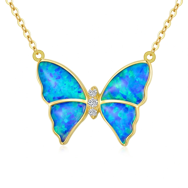 18K Gold Blue Opal Butterfly Pendant Necklace