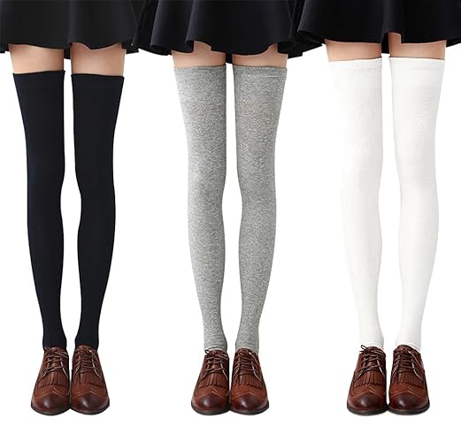 Chalier Apparel Womens Thigh High Socks Cotton Striped Over the Knee Socks Long Knee High Stockings for Women - One Size - Black, Grey, White