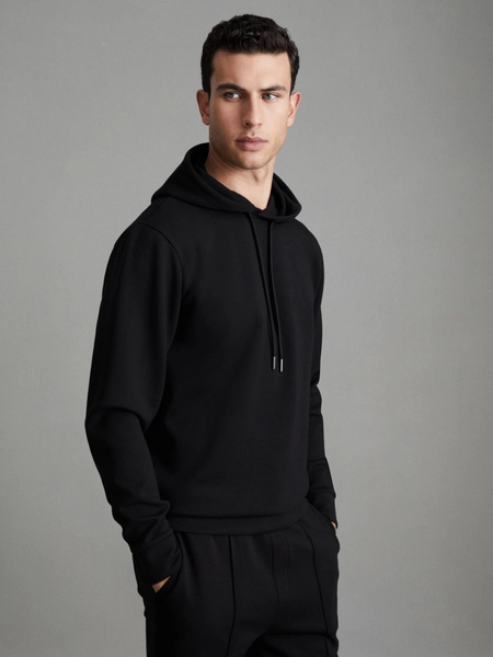 Reiss Black Fabien Interlock Jersey Drawstring Hoodie