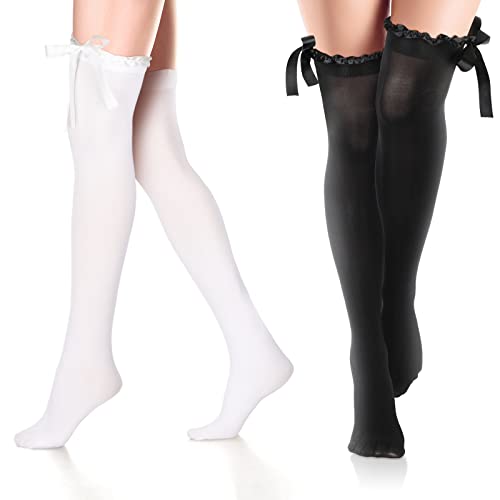 2 Paar Schwarz und Weiß Schleife Strümpfe Oberschenkel Kniestrümpfe Kniestrümpfe mit Schleifenband Damen Halterlose Strümpfe