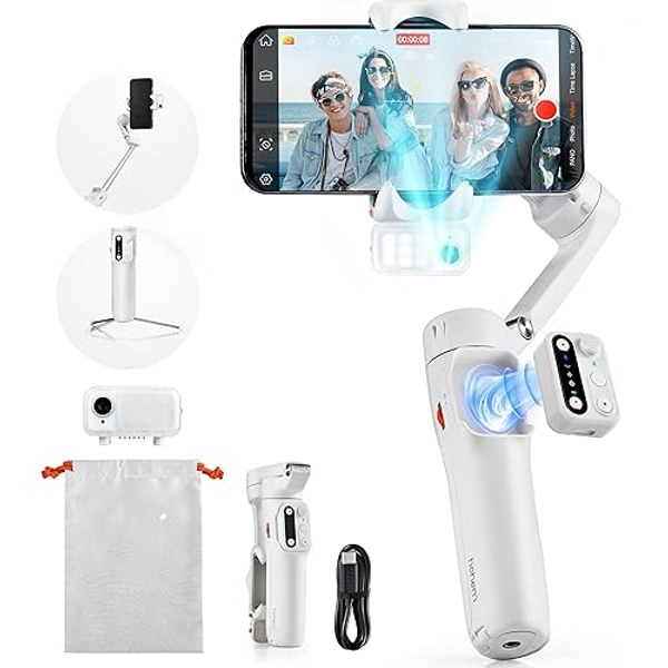 hohem iSteady V3 Gimbal Stabilizer for iPhone, Phone Gimbal with Magnetic AI Tracker, 3-Axis Gimbal Built-in Extension Rod, Tripod, Fill Light, Phone Stabilizer for Video Recording, YouTube, White