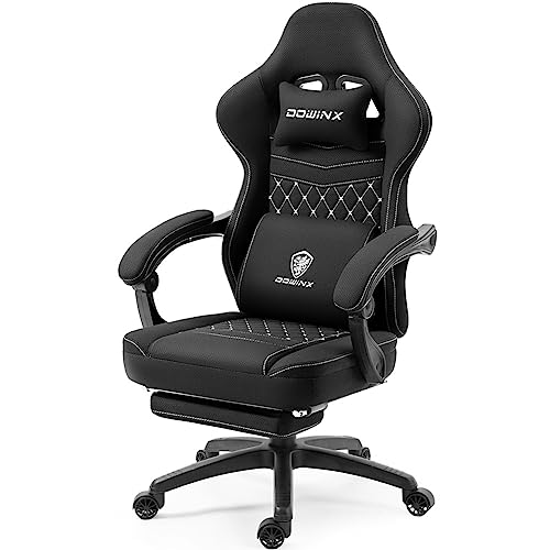 Dowinx Gaming Chair Breathable Fabric Computer Chair with Pocket Spring Cushion, Comfortable Office Chair with Gel Pad and Storage Bag,Massage Game Chair with Footrest,Black - Black