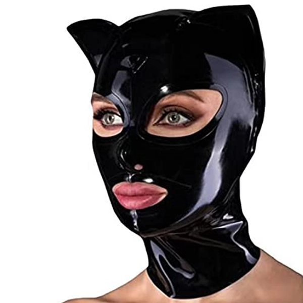 Black Latex Hood with Cat Ears Back Zipper Open Eyes Mouth Rubber Mask Cosplay Club Wear Costume