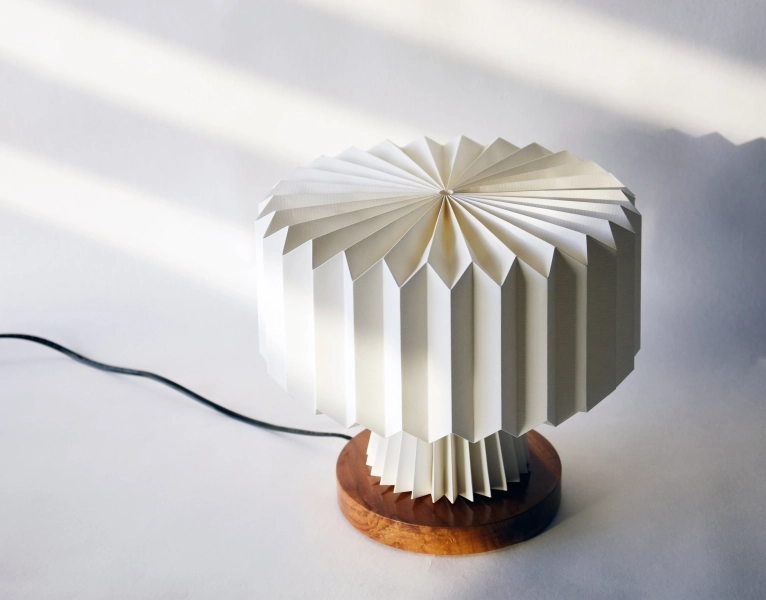 Brownfolds White Origami Table Lamp;  MerryGo Paper lampshade with Teak wood Base