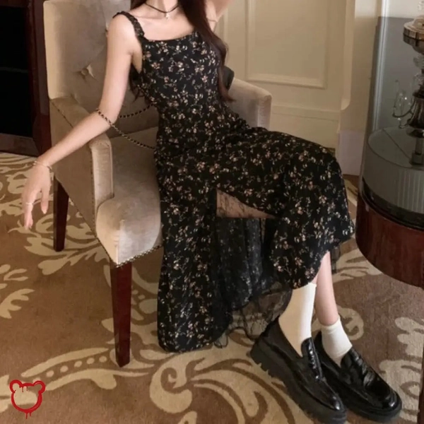 'Crazytown' Floral Split Dress (Black)