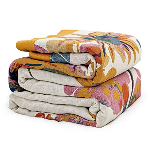 Boho Throw Blanket for Couch 100% Cotton Throw Blanket Floral Bed Blanket 80''x90'', Cotton Quilts Travel Blanket Knitted Muslin Blanket Home Decor Cozy Blankets for Women - D-flower and Butterfly - 80" x 90"