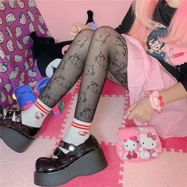 Kawaii Hello Kitty Printed Fishnet Tights for Cospartys and Gothic Style