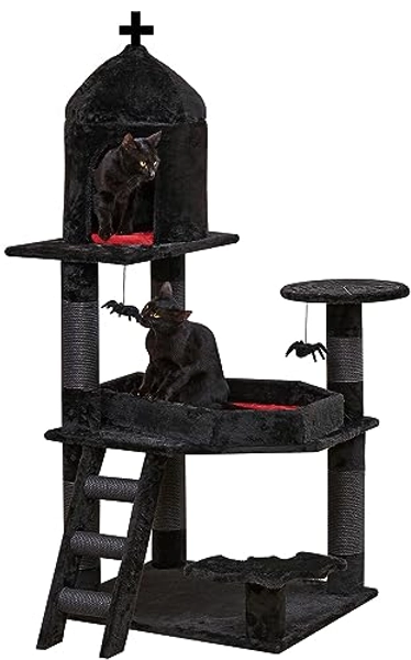 YARUOMY Gothic Cat Tree with Coffin Bed，55" Cat Tower with Spacious Cat Condo，Scratching Posts，Spider Hanging Ball，Multi-Level Cat Activities Furniture for Large Cats, Black Halloween