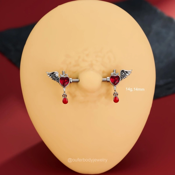 2PCS 14G Red Heart CZ Nipple Rings/Nipple Barbells/Wings Nipple Jewelry/Barbell Jewelry/Nipple Piercing/Sexy Body Jewelry/Halloween Jewelry