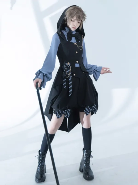 Black Ouji Fashion Hooded Waistcoat with Big Bow Train Back
