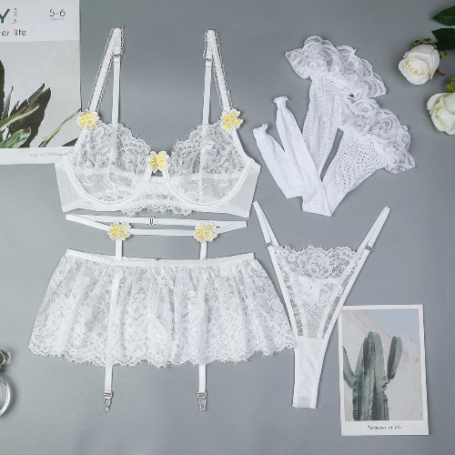 White Intimate Floral Lace Skirt Lingerie Set - White / M