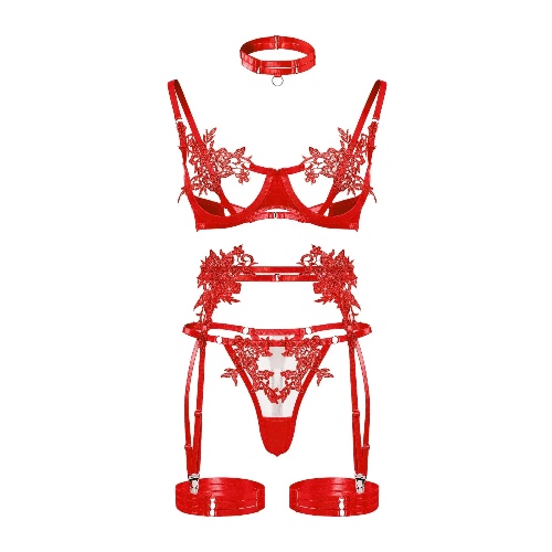 Open Bra Lace Sexy Lingerie Sets - Red / S