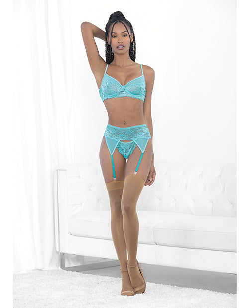 Lace & Mesh Underwire Bra, Garterbelt & G-string Malibu Blue - Small
