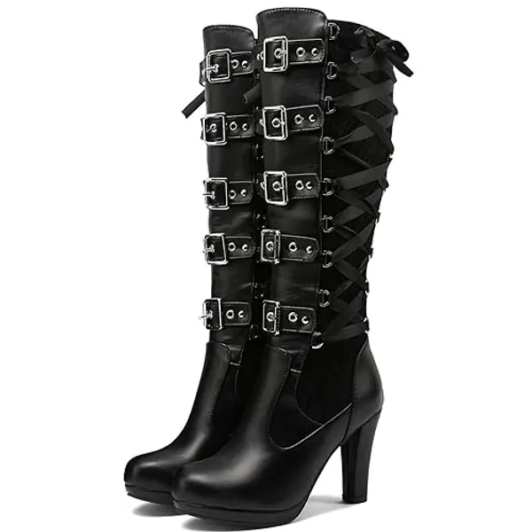KysBloes Women Lace Goth Knee High Boots Buckle Block Heel Lace Up Knee Length Boots Punk Platform Tall Boot