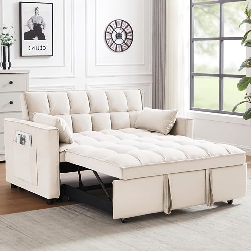 Lin-Utrend 3 in 1 Convertible Sleeper Sofa Bed with Pull Out Sofa Bed, Modern Velvet Loveseat Futon Couch with Adjustable Backrest and Lumbar Pillows,Small Love Seat Lounge Sofa Bed for Small Space - Beige.