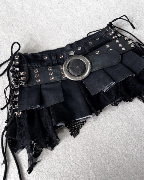 Mini Skirt with Studded Belt and Black Lace