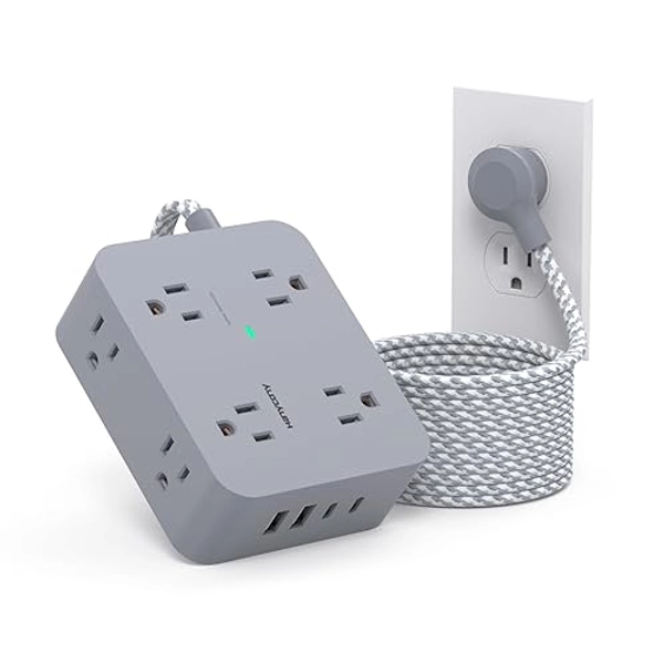 Extension Cord 6 Feet, Surge Protector Power Strip with 2 USB C Ports, 8 Outlets Extender with Flat Plug, Multi Plug Oulet for College Dorm Room Essentials - 6Ft - Gray