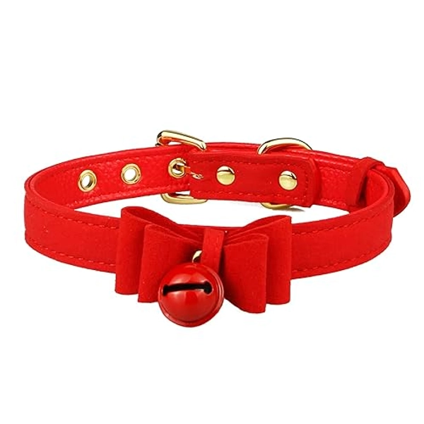 Leather Collar Necklace for Women with Bow Bell Kitty Cat and Delicate Tea flower pearl pendant Choker for Ladies Black Pink Red