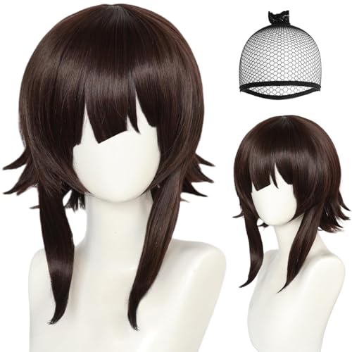 Anogol Hair Cap+Short Brown Wig for Women Anime Cosplay Wig Short Lolita Wig Wavy Hair Synthetic Wig Halloween Party Costume Wig