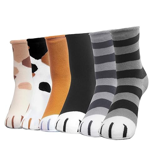 crazy bean Damen Katzenpfote Socken 6 Paare Baumwolle Katzenpfoten-Drucksocken Katzen Pfotensocken Baumwollsocken Damen Witzig Socken Niedlich Socken - Einheitsgröße - 6 Paja