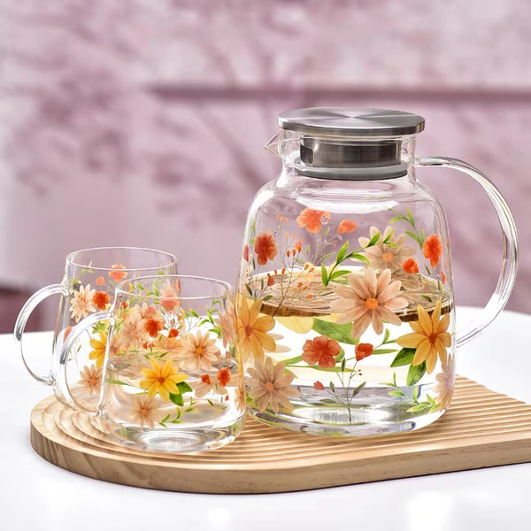 Daisy Glass Tea Set,Stovetop Safe Teapot,Bblown Glass Teapot,Large Capacity Flower Teapot Cold Water Kettle,Glass Teapot Teacup,Gift For Her
