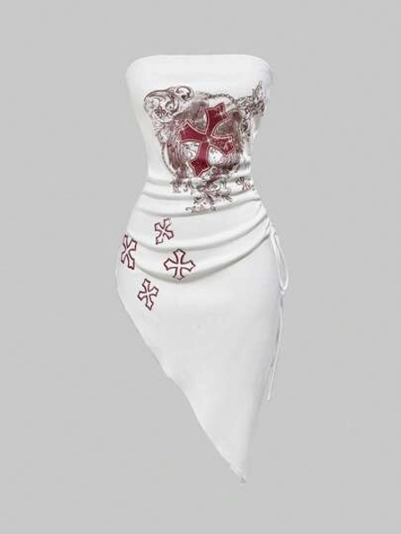 ROMWE Grunge Punk Dark Punk Style Rhinestone Cross Asymmetric Hem Pleated Design Women Tube Top