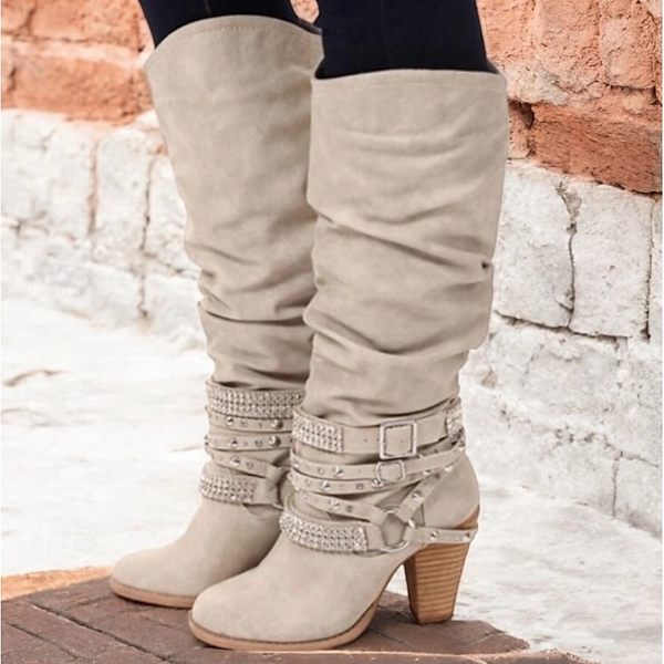 Women's Beige Slouchy Knee-High Boots with Buckle and Stud Accents, Vintage Western Style for Fall and Winter Casual Wear 2025 - $54.99