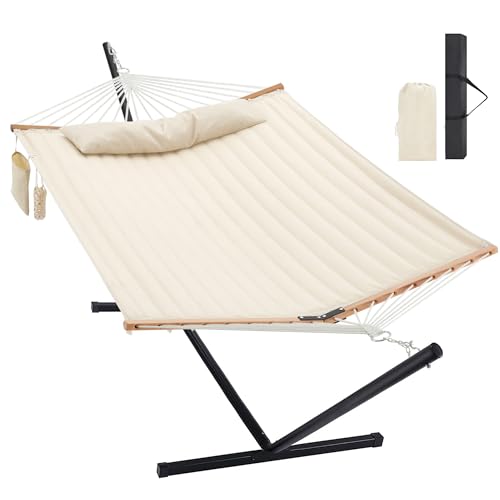 Homgava Two Person Hammock with Stand Heavy Duty, Outdoor Patio Hammock with Portable Steel Stand, Large Double Hammocks,480lbs Capacity.(Off White) - Off White
