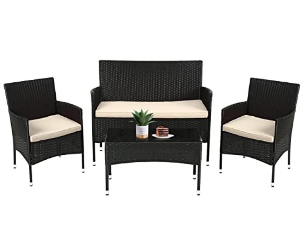 FDW Patio Furniture Set 4 Pieces Outdoor Rattan Chair Wicker Sofa Garden Conversation Bistro Sets for Yard,Pool or Backyard - Black - 4-Piece - Furniture Set