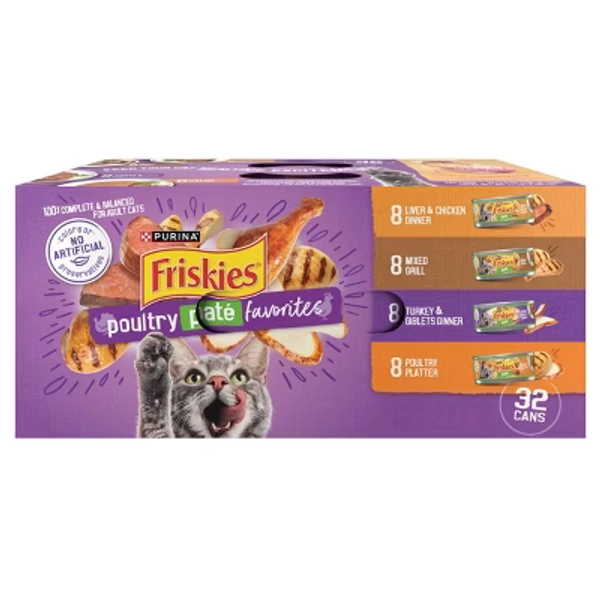 Purina Friskies Paté with Liver and Turkey Flavor Wet Cat Food Poultry Favorites - 5.5oz/32ct Variety Pack
