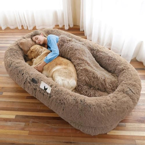 WROS Human Dog Bed, Large Dog Beds for Humans Size Fits You and Pets, Washable Faux Fur Orthopedic Human Dog Bed for People Doze Off, Napping, Present Pillow, Blanket, Strap - Khaki