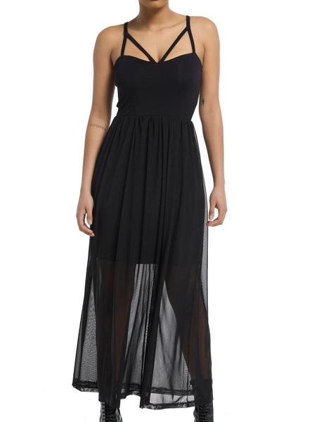 Cosmic Aura Black Mesh Strappy Midi Dress