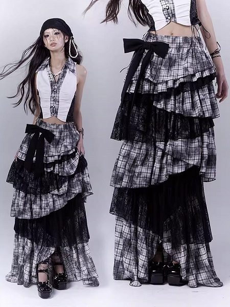 [$106.00]Black Punk Asymmetrical Tiered Plaid Skirt Regular/Long Version