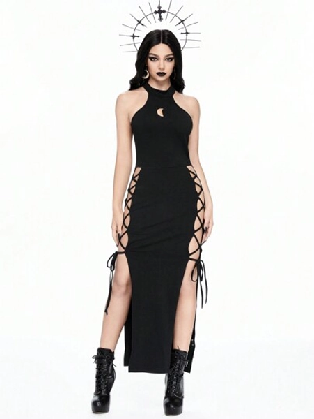 ROMWE Goth Robe noire mystérieuse et sexy à fente haute, à bretelles, sans dos et sans manches pour femmes