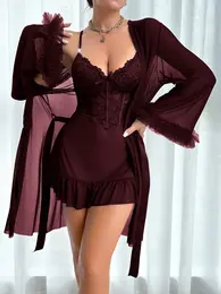 2pcs Set Fishbone Style Cinch Waist Lace Cami Nightgown with Wide Sleeve Mesh Robe