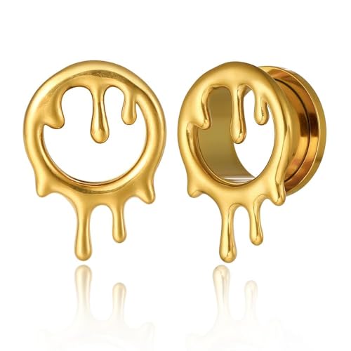 Earblity 2PCS Flowing Like Water Halloween Ear Tunnels Plugs 316 Stainless Steel Ear Gauges Weight Saddle Plugs Hypoallergenic expander Piercing Body Jewelry - 0G (8mm) - Gold