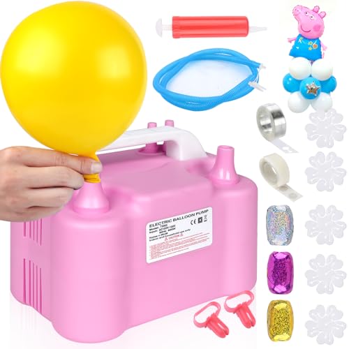 Balloon Pump, Electric Balloon Pump,Portable Dual Nozzles Electric Balloon Air Pump Kit, Electric Balloon Inflator 110V 600W with Tying Tool, Colored Ribbons for Party Decoration - Pink