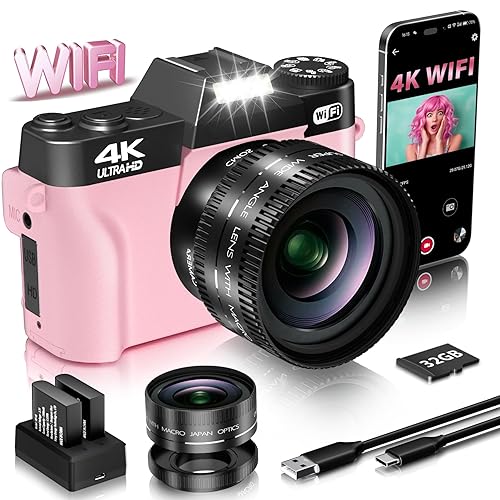 VJIANGER 4K Vlogging Camera for YouTube 56MP Digital Camera for Photography and Video with 180°Flip Screen, 16X Digital Zoom, 52mm Wide Angle & Macro Lens, 32GB Micro SD Card, 2 Batteries(Pink) - WX02-PINK