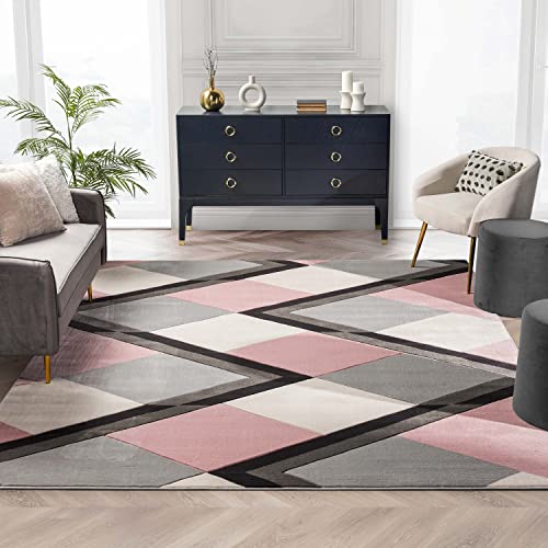 Well Woven Good Vibes Nora Blush Pink Modern Geometric Stripes and Boxes 7'10" x 9'10" 3D Texture Area Rug, Model - 7 ft 10 in x 10 ft 6 in - Blush Pink