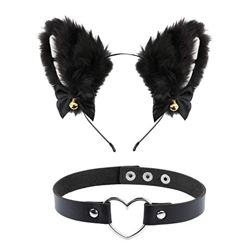 FLOFIA Serre-tête de renard à oreilles pliées + collier ras du cou avec clochette pour femme fille cosplay fête costumée - Noir