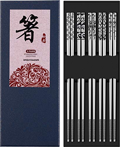 Metal Chopsticks Reusable 18/10 Stainless Steel Chopsticks Multipack Dishwasher Safe Chop Sticks Square Fancy Laser Engraved Non-slip Korean Chopstick for Cooking Eating 9.45 Inches 5 Pairs Gift Set - Shiny silver 316 stainless steel